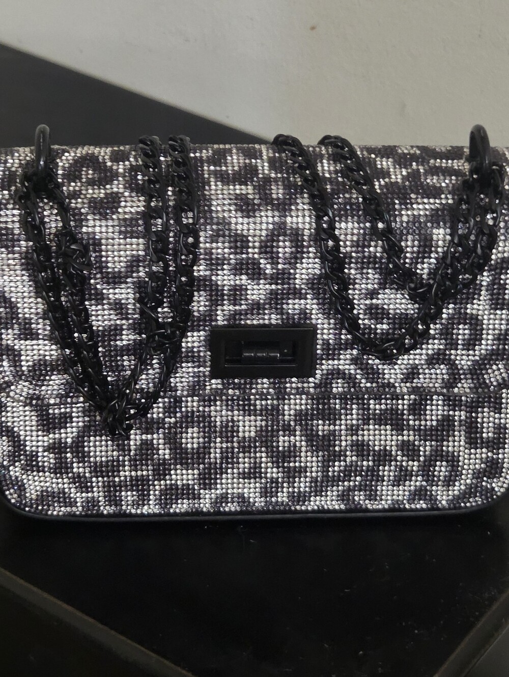 Crystal-Embellished Black & Silver Chain Shoulder Bag